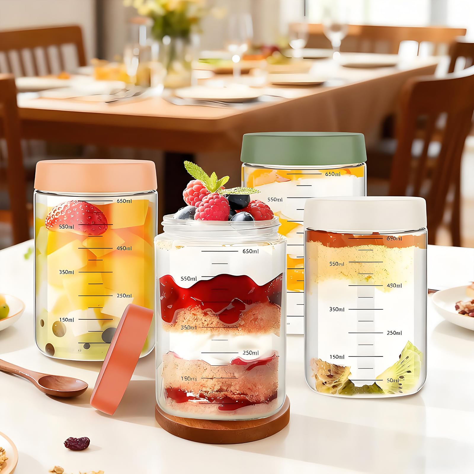 NCONCO Paquete de 4 tarros de vidrio multiusos de 750 ml con tapas, reutilizables a prueba de fugas, tarros de almacenamiento de alimentos con tapas para aperitivos, yogur, preparación de comidas