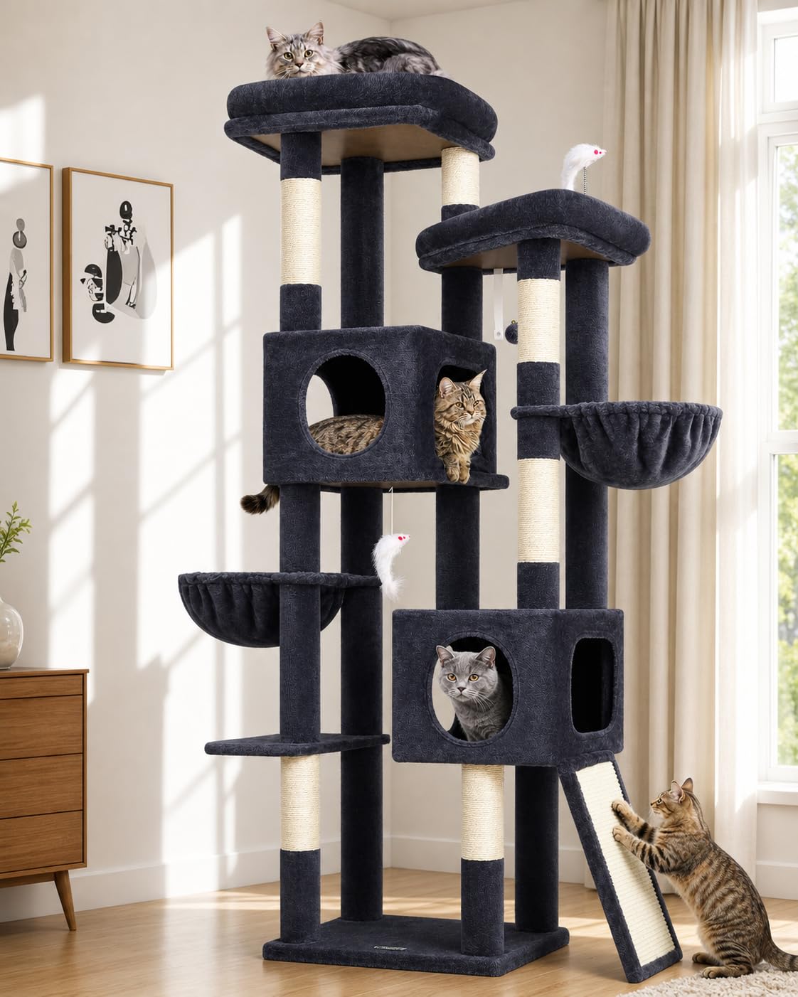 Globlazer S72E Kratzbaum Groß XXL hoch 180 cm für 2-6 Große Katzen Breit | Stabil Katzenbaum mit mit 2 Groß Plattformen, 2 Katzenhaus, 2 Korb, Sisal Kratzbrett, für Groß Katze Ausruhen Spielen Kratzen