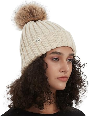 Hat Hut Winter Hats for Women Satin Lined Beanie Hats for Women Knit Ski Hat Winter Cap for Women Pom Pom Beanie