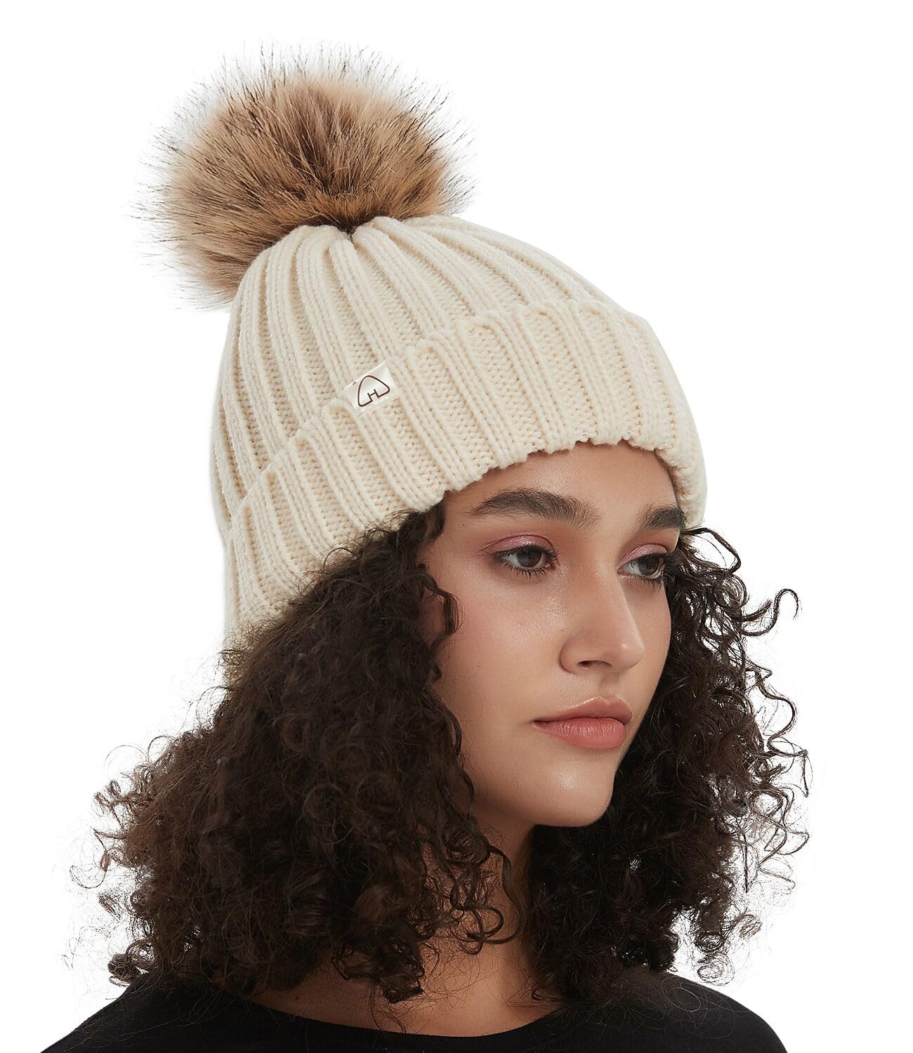 Hat Hut Winter Hats for Women Satin Lined Beanie Hats for Women Ladies Bobble Hat Warm Winter Cap Pom Pom Beanie (A3-Beige)
