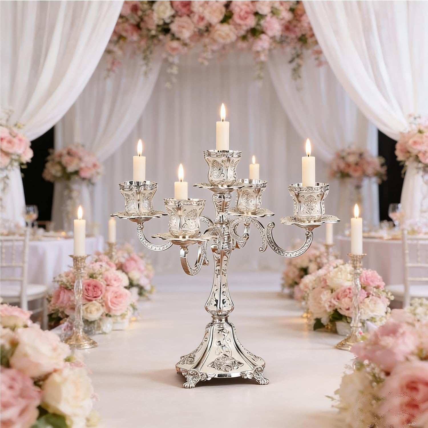 5-Arm Candelabra Candle Holder Metal Candlestick for Taper Candles, Metal Vintage Decorative Design, 14.17 '' Tall, Gothic centerpieces for Tables, Wedding, Party, Reception (Sliver)