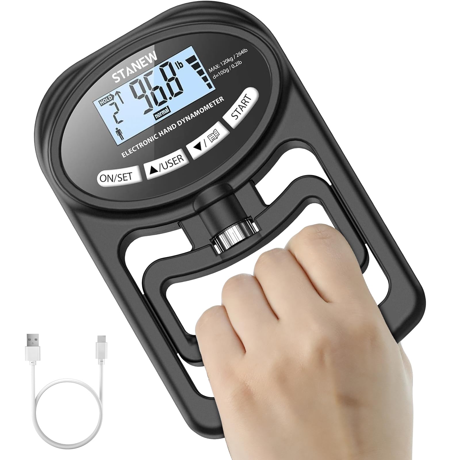 STANEW Digital Hand Dynamometer, Digital Hand Grip Strength Trainer - Grip Strength Measurement Meter with HD LCD Display, Digital Grip Strength Exerciser for Sports, Home and School 265lbs / 120kg