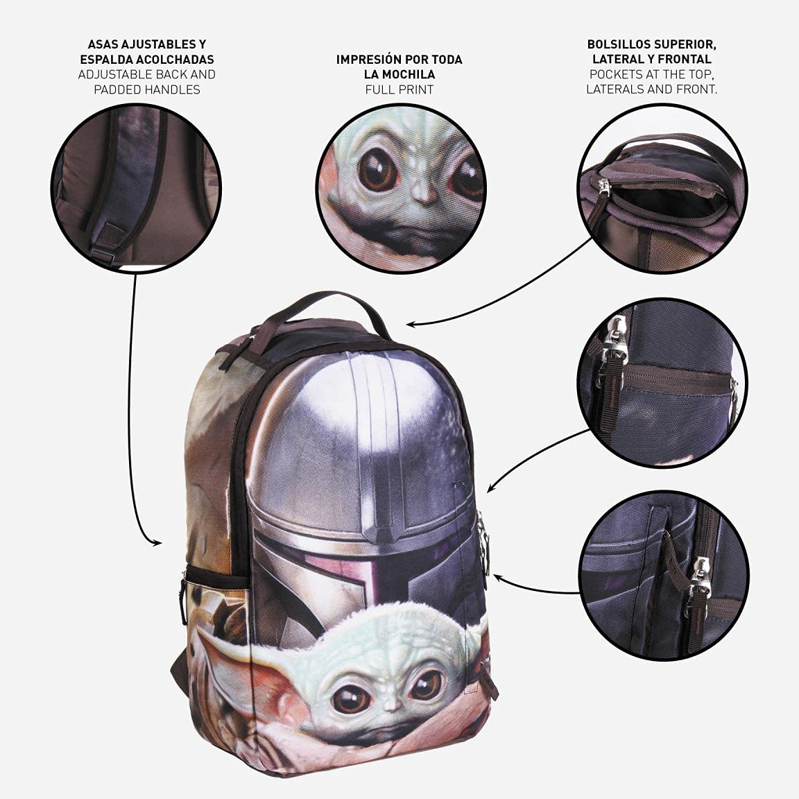 CERDÁ LIFE'S LITTLE MOMENTS Mujer Poliéster The Mandalorian-Licencia Oficial Disney, Multicolor, Grande-Mochila con el tamaño Ideal para Que lleves Todo ordenado