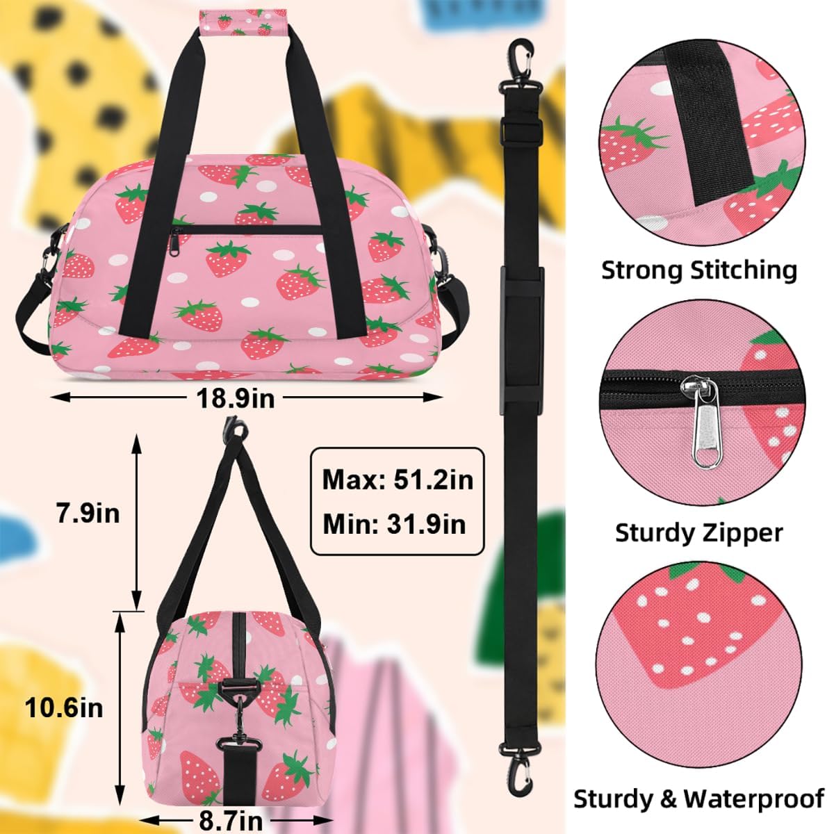Kids Duffle Bag for Girls Pink Strawberry Polka Dot Gym Dance Bag Small Travel Bag Foldable Lightweight Carry on Weekender Overnight Bags with Shoulder Strap