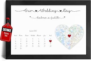 VICILO Custom Framed Wedding Map Poster Gift, First Date, First Met Personalised Calendar Wedding Date Couples Gift Canvas, Anniversary Location Present for Home Decor Wall Art