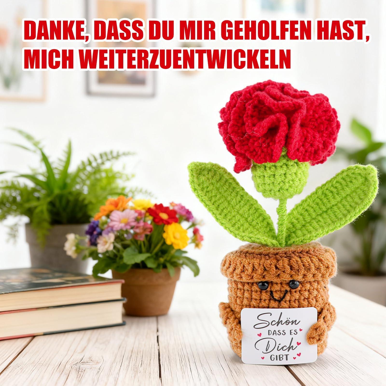Bambola di garofano lavorata a maglia, regalo per donne, decorazione floreale fatta a mano, con portachiavi "Schön dass Es Dich Gibt", regalo di ringraziamento per mamma, fidanzata, collega, per