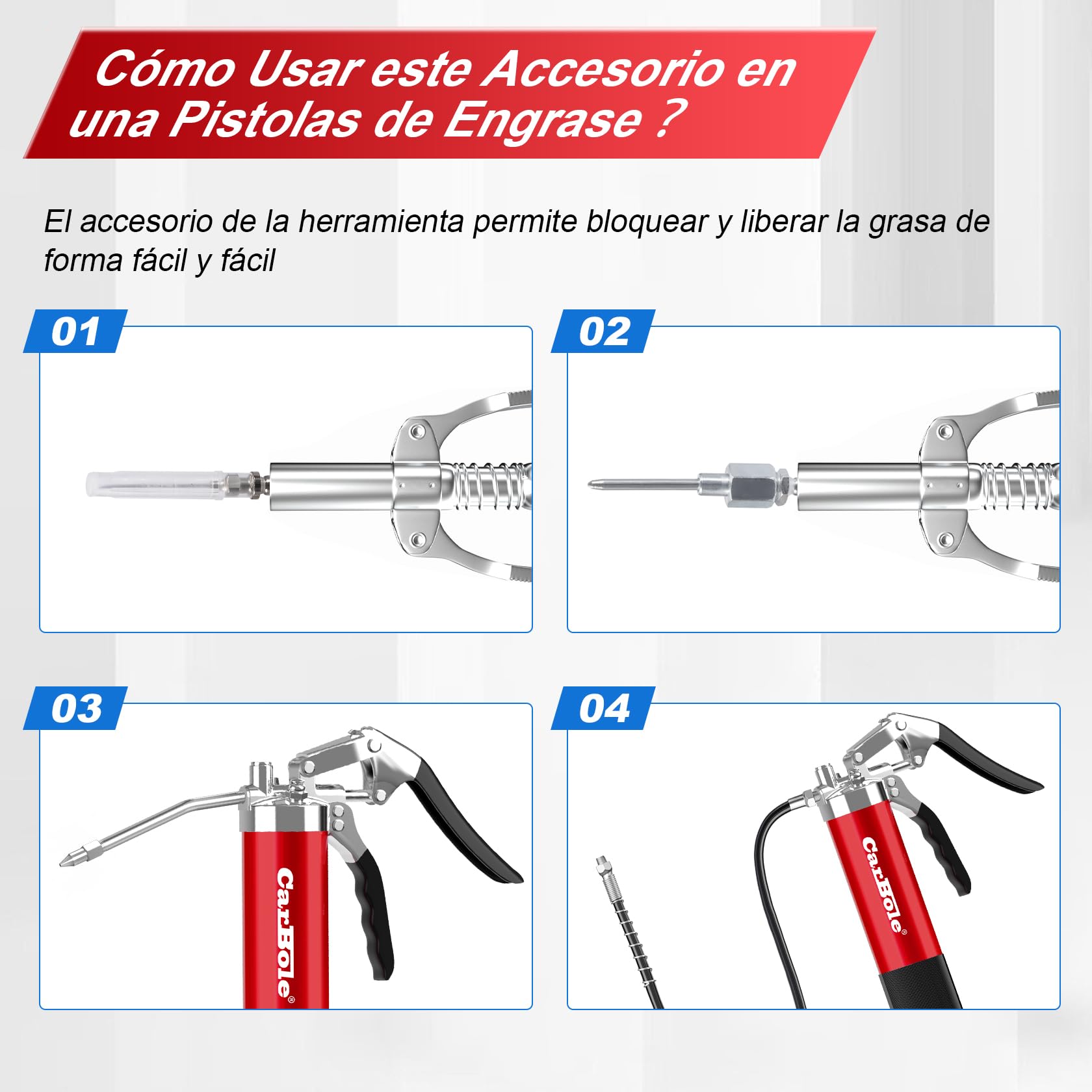 CarBole Pistolas de Engrase 8000PSI con Acoplador,Engrasadora,Bomba de Engrase,3 Mangueras Flexibles y Tubo de Extensión de Metal,Con Seis Tipos de Boquilla,Compatible con Cartucho de Tinta 400cc
