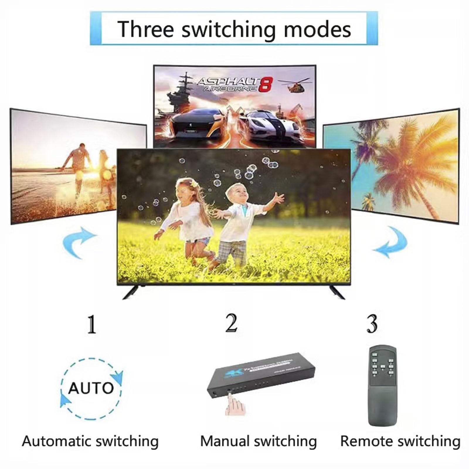 Conmutador HDMI 7 × 1 4K @60Hz 7 canales HDMI sin costuras 7 en 1 salida 【Con 1 mando a distancia IR + 1 cable de alimentación】Compatible con tecla de panel de conmutación automática HDMI2.0