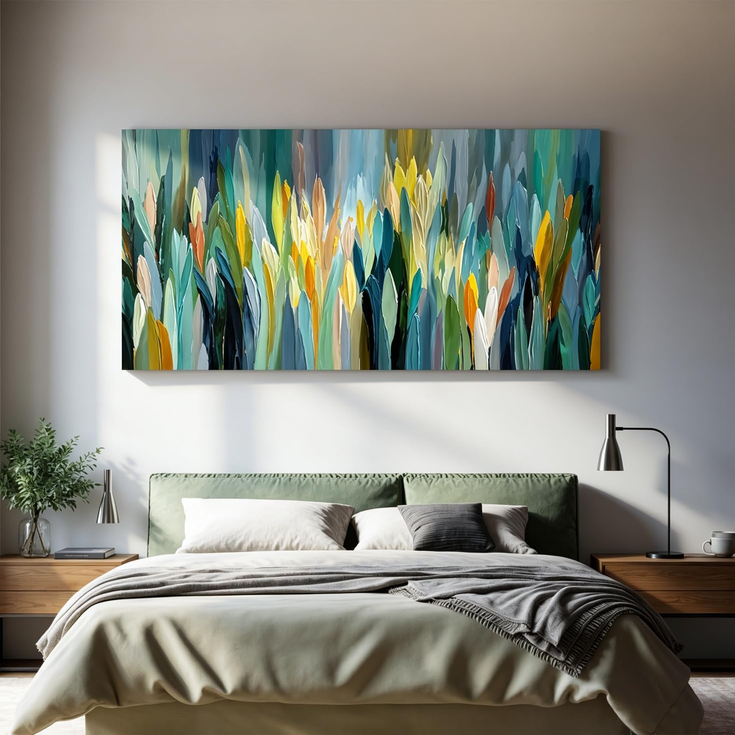 Aefouu No Frame Modern Abstract Wall Art Prints Vibrant Teal Green Canvas Art Wall Decor For Living Room Aesthetic Home Decor Picture(70X140cm/28X55in/Frameless)