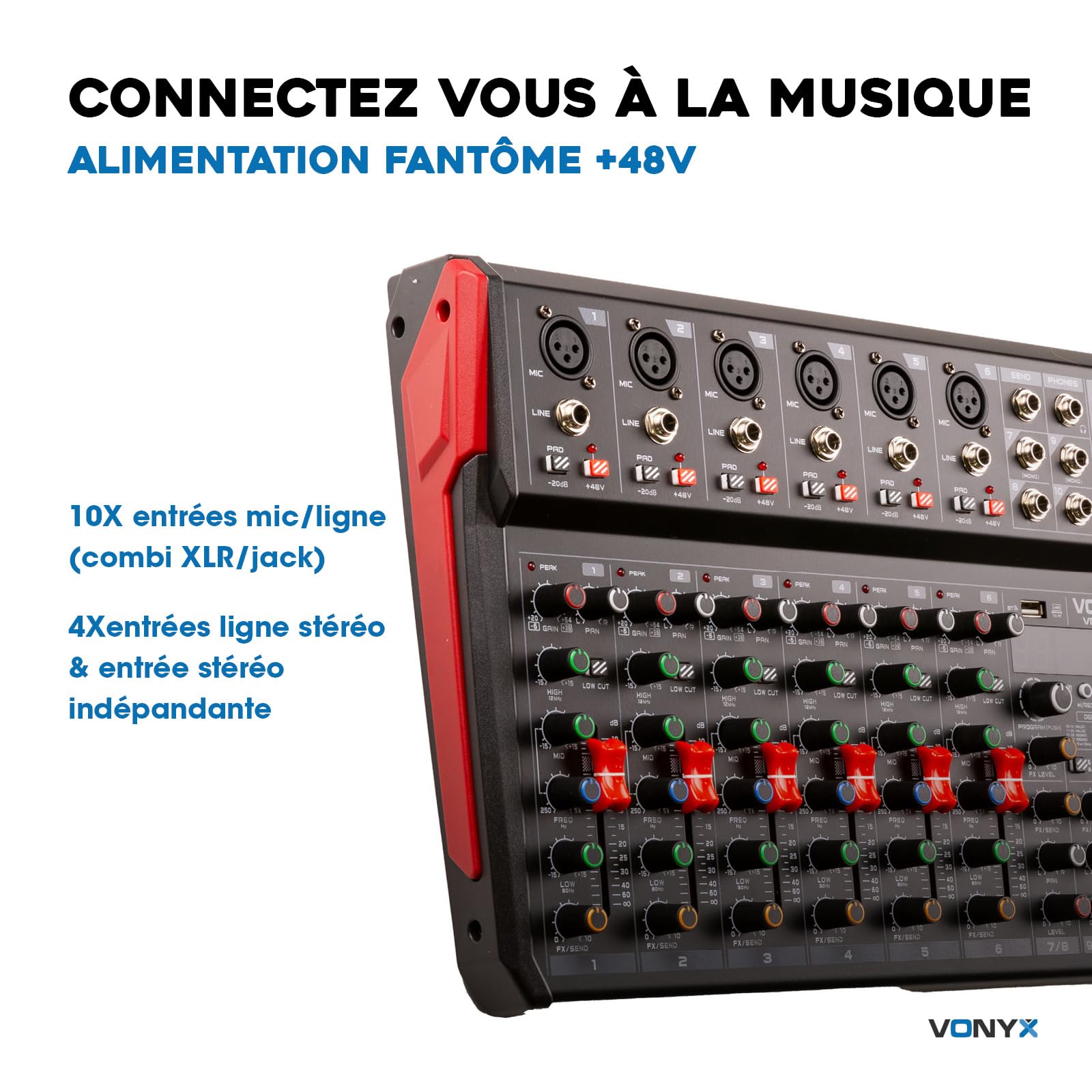 Vonyx VM-KG10 Console de Mixage 10 Canaux - Avec Bluetooth, Lecteur MP3, Interface Audio USB, Processeur de Son, Alimentation Fantôme, Écran LED, Idéal pour les Bars, Petite Salles de Concerts