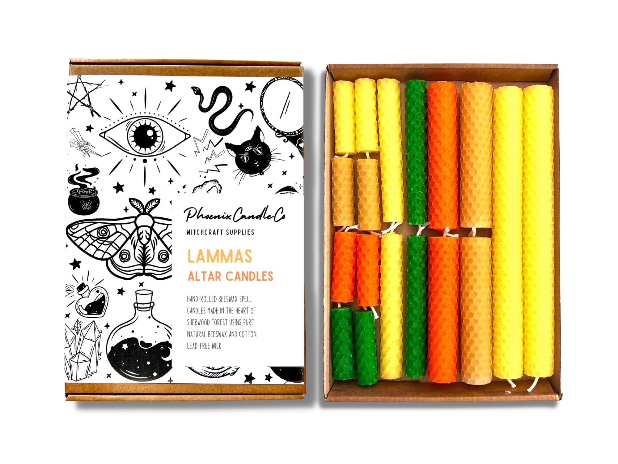 Phoenix Candle CompanyLammas Beeswax Altar Candles Set with Lammas Guide & Wheel of The Year - 18 Count - Hand-Rolled