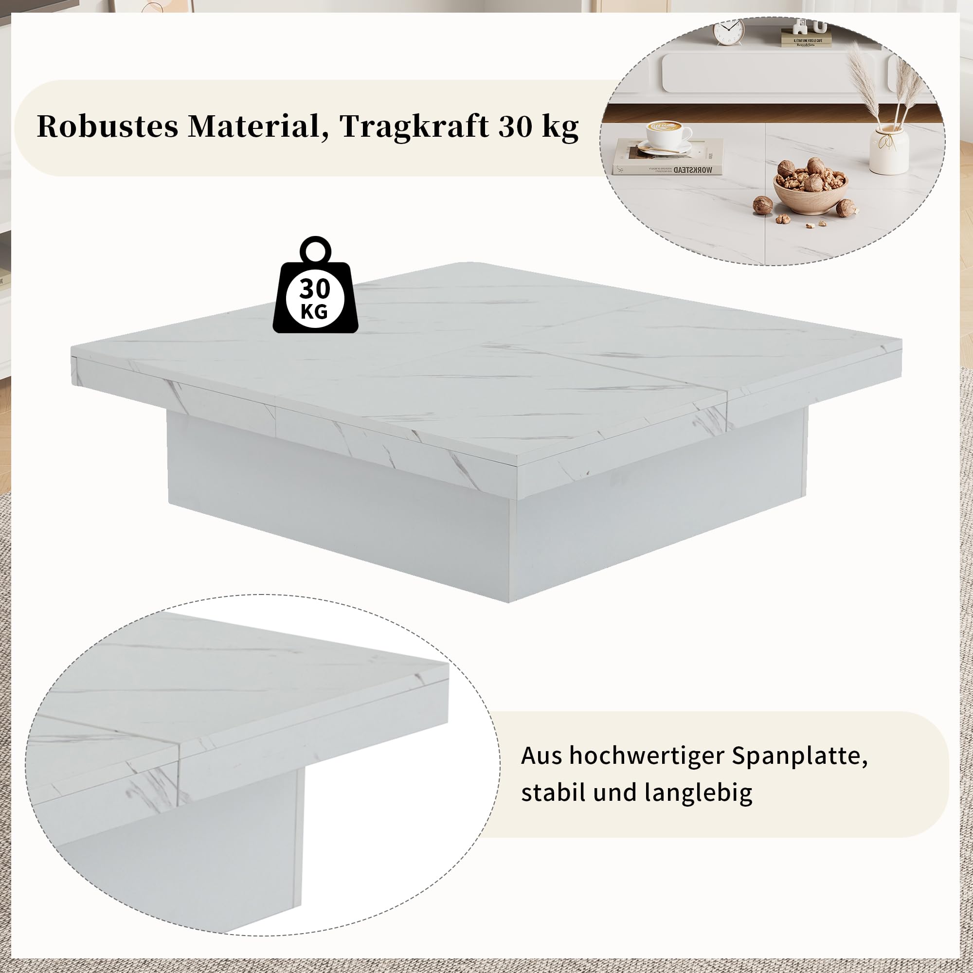 BTM Moderner Weißer Quadratischer Couchtisch mit Marmor-Optik, 90 x 90 x 25 cm – Vier Schubladen, Schiebbarer Tischplatte, Belastbar bis 30 kg