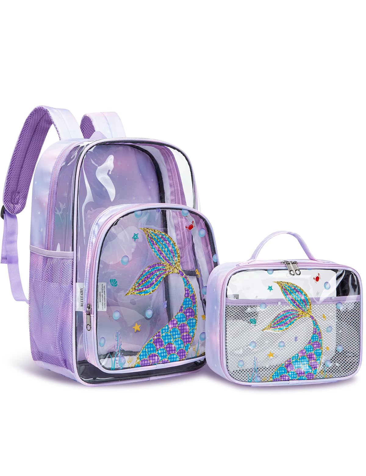 BLUEFAIRY Clear Backpack for School with Lunch Box for Kids Boys Girls Large PVC See Through Bookbag and Lunch Bag for Elementary 17 Inch Heavy Duty Transparent Bags for Stadium (Tail, Light Purple)