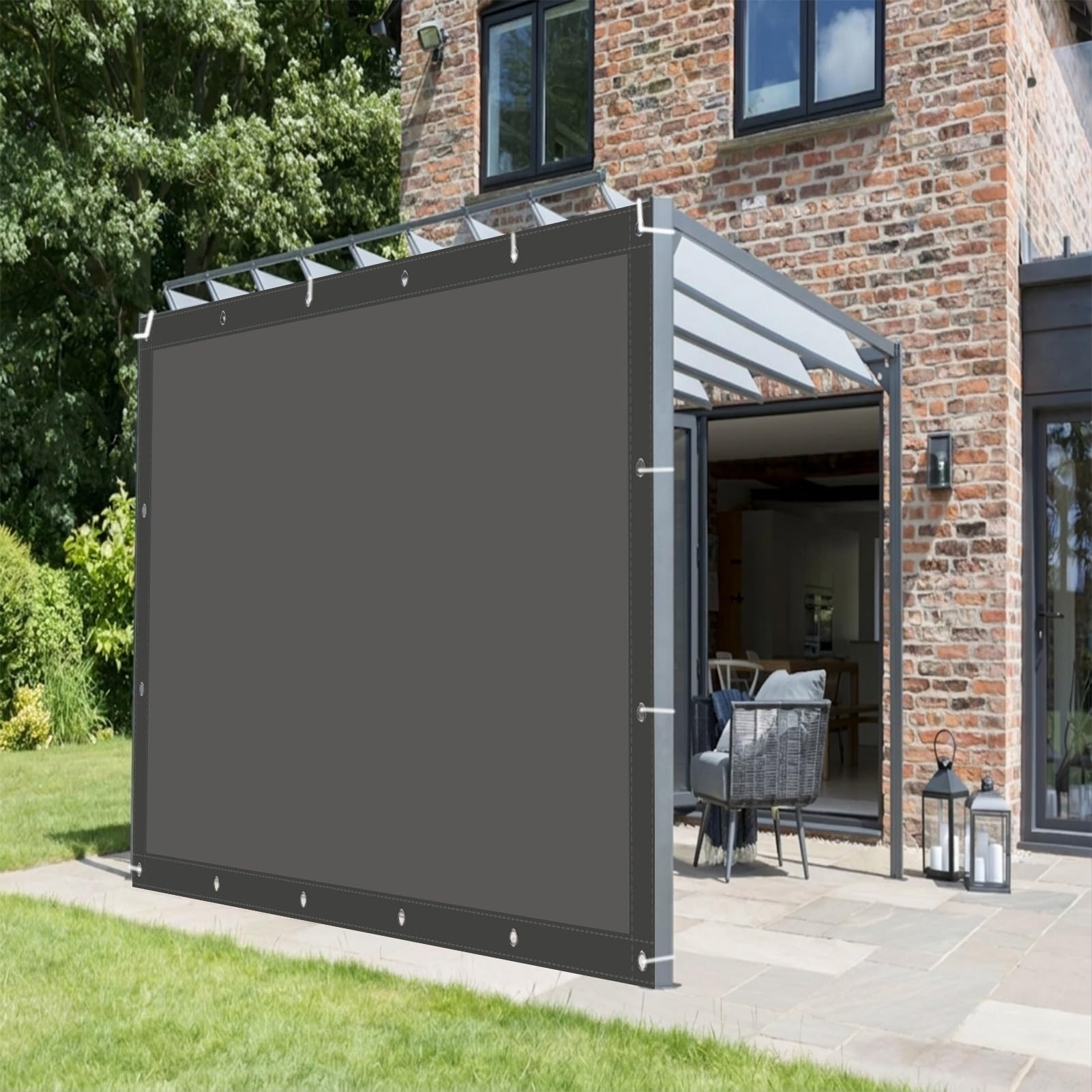 Plandeka zewnętrzna 360 x 445 cm ochrona przed promieniowaniem UV markiza wodoodporna zewnętrzna łatwa do zawieszenia na taras balkon patio na zewnątrz ogród, ciemnoszary
