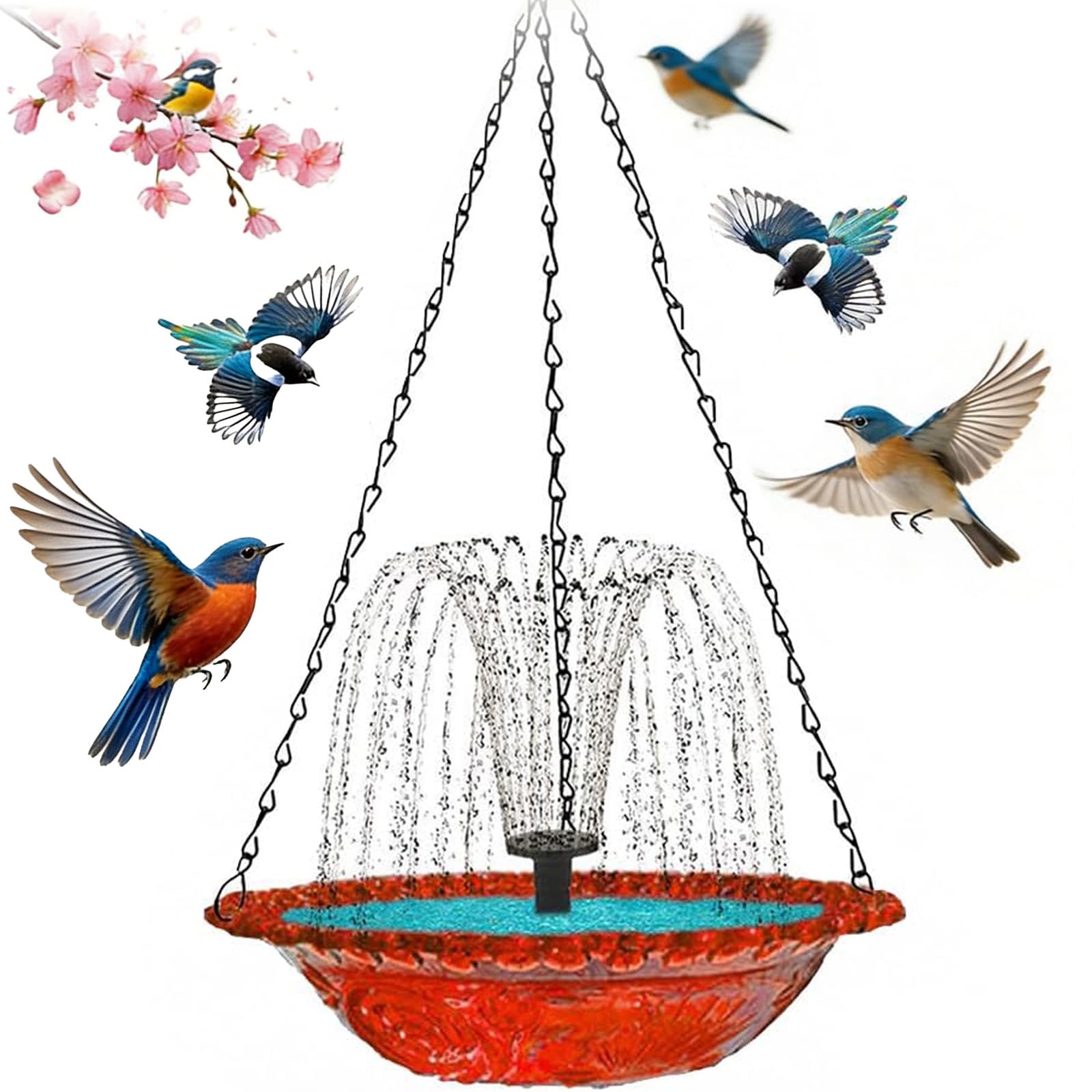 Solar Cascade Hanging Bird Bath Fountain, Outdoor Hanging Bird Bath with Solar Fountain, Large Hummingbird & Wild Bird Feeder, Automatic Water Flow, No Wiring Needed (Red, A (Single-Tier Fountain))