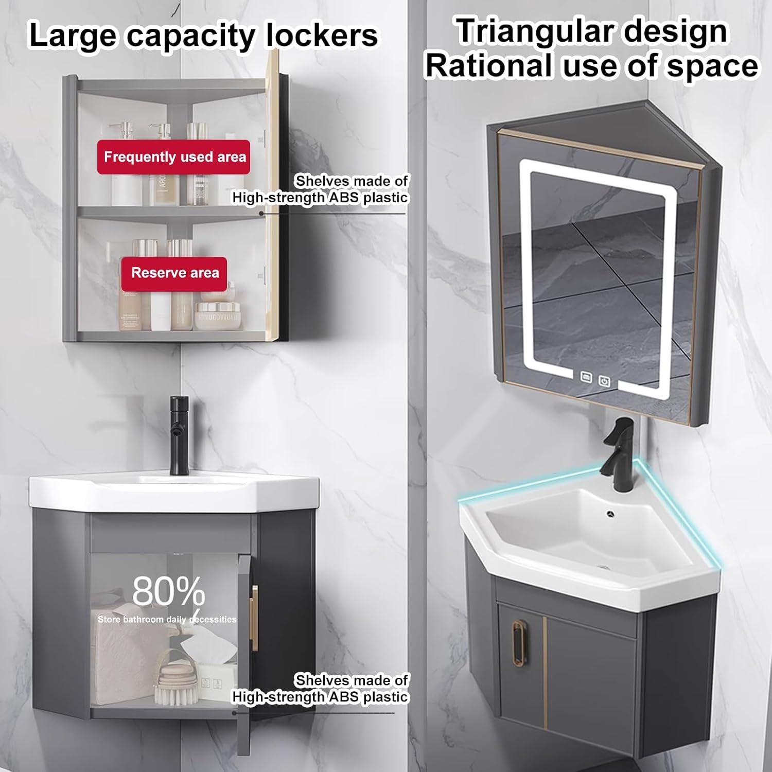 Corner Bathroom Vanity, Corner Vanity Cabinet with Ceramic Sink & Anti-Fog LED Mirror Cabinet, Small Bathroom Vanity, Wall Mounted Bathroom Vanity Sink Set for Small Space(White,43cm/16)