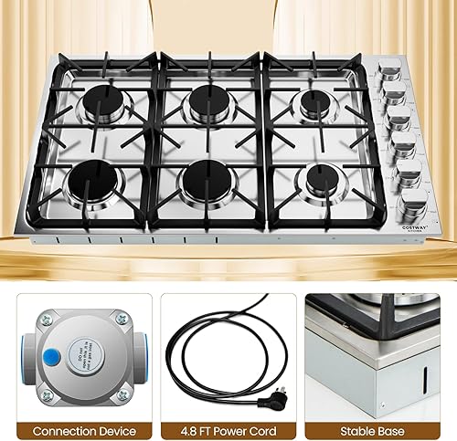 Miniatura 7 de COSTWAY Placa de cocina de gas de 36 pulgadas, estufa de gas de acero inoxidable con 6 quemadores, perillas de ABS y rejillas de hierro fundido,