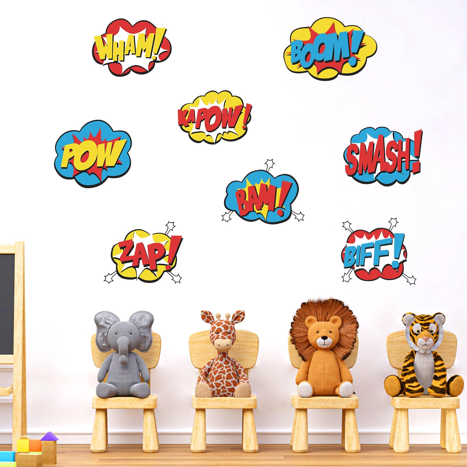 Superhero Wall Stickers Peel and Stick Super Hero Action Sign Stickers 8PCS Comic Art Décor for Baby Toddler Kids Room Bedroom Nursery Playroom