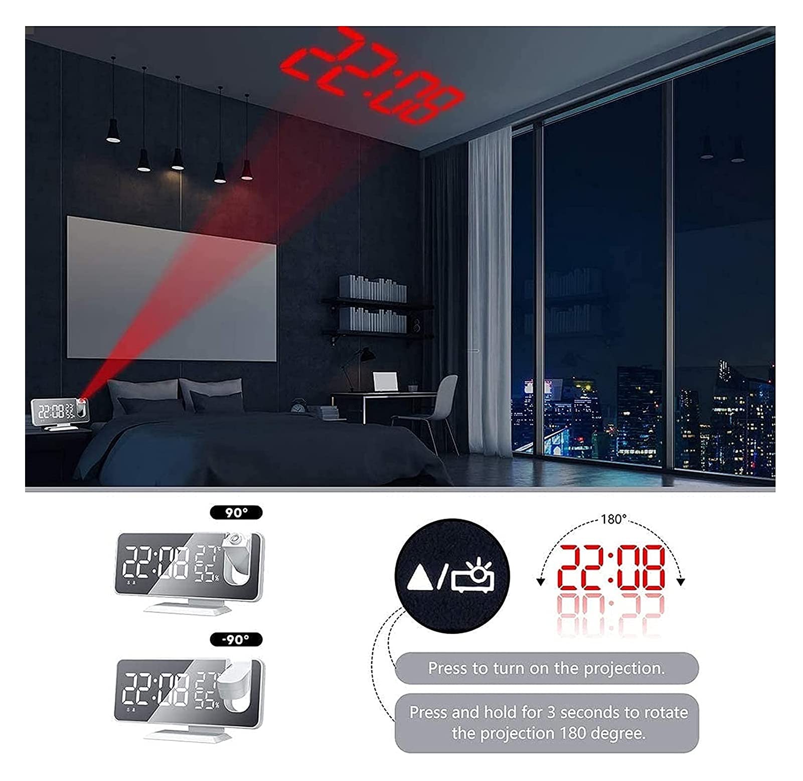 WTL Despertador Reloj de alarma digital de proyección con FM Radio, 7.3 DIRIGIÓ Pantalla de espejo GRAND DIGIT, 180 ° Proyector Modern Mirror Superficie Reloj de alarma con función Snooze / 2 sonidos