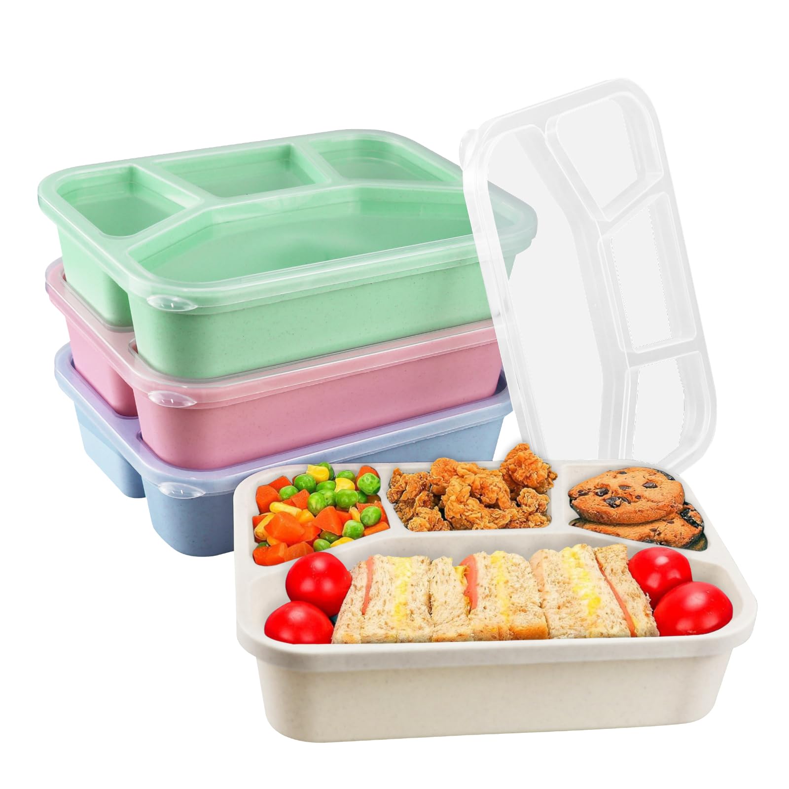 Toivize 4 Pack Bento Lunch Box, Snack Boxes with 4 Compartments Reusable Food Storage Containers for Kids and Adults Microwave Dishwasher Safe for School Work Travel (Green/Blue/Pink/Beige)
