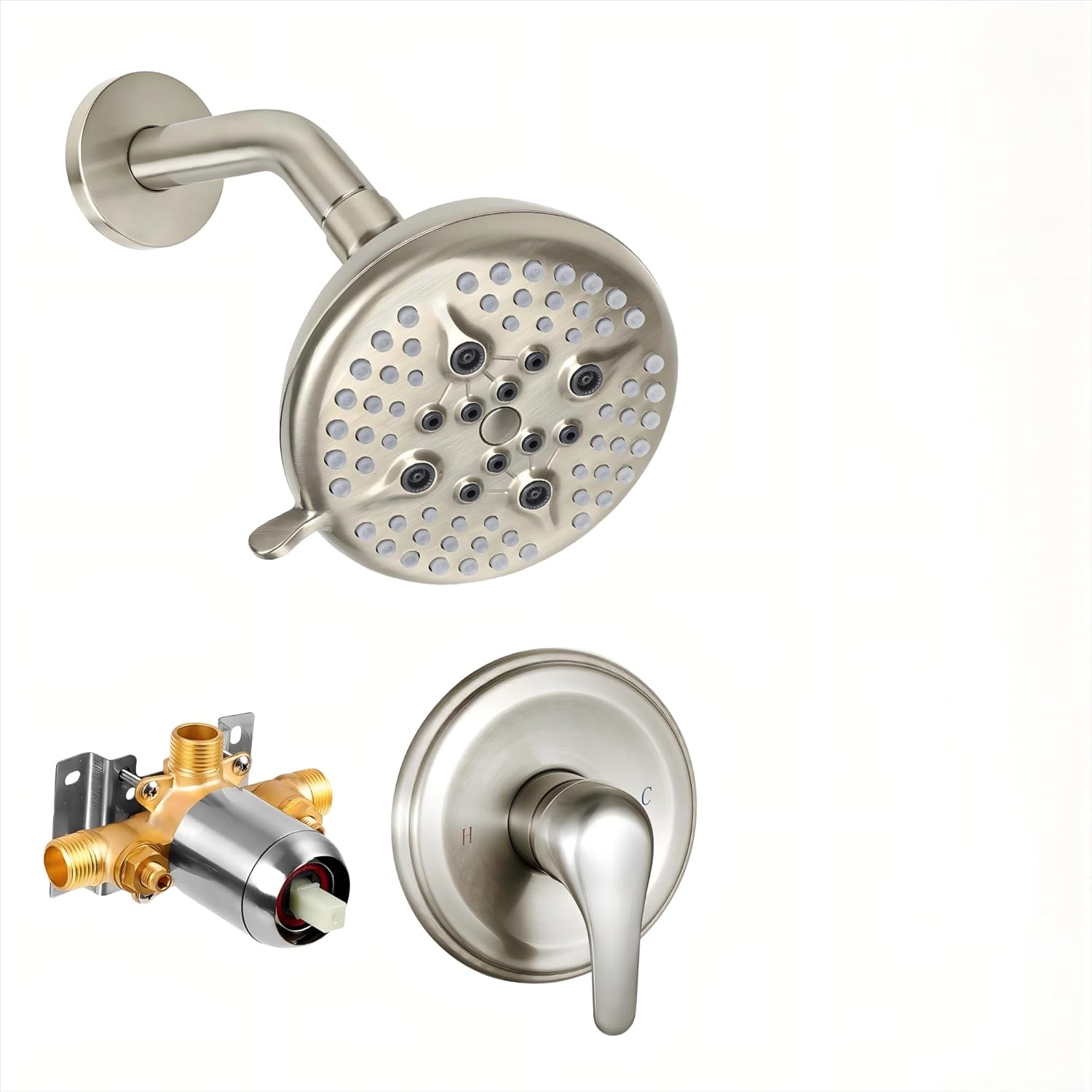 KINSE Shower Faucet Set, 5 Spray Rain Shower Fixtures, 5inchShower Head and HandleSet, Brushed Nickel shower kit with valve and shower head