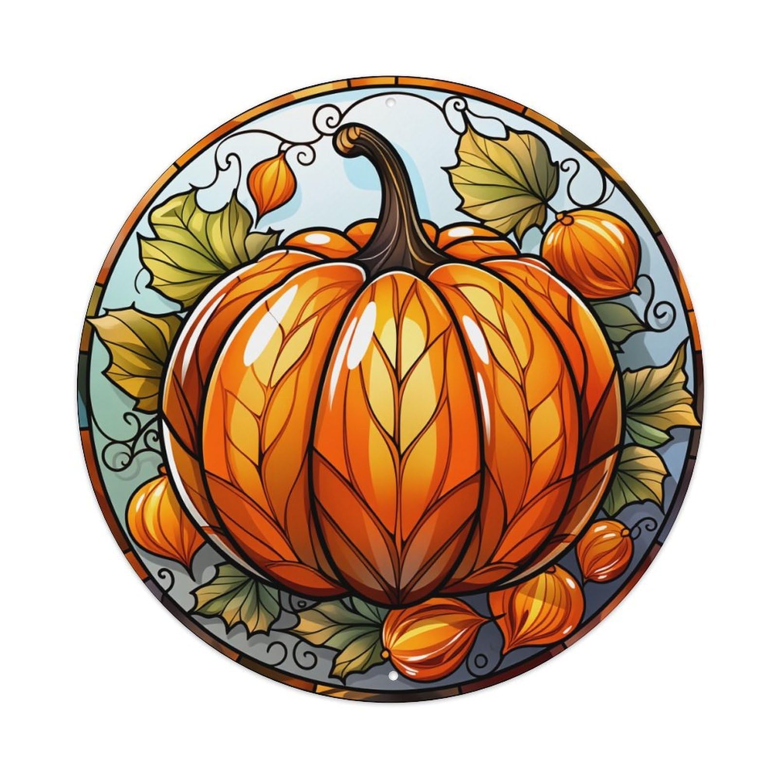 Stained Glass Pumpkin Autumn Leaves Round Tin Sign Vintage Metal Sign Home Bar Garden Indoor & Outdoor Wall Decor Retro Metal Poster 8x8 Inch