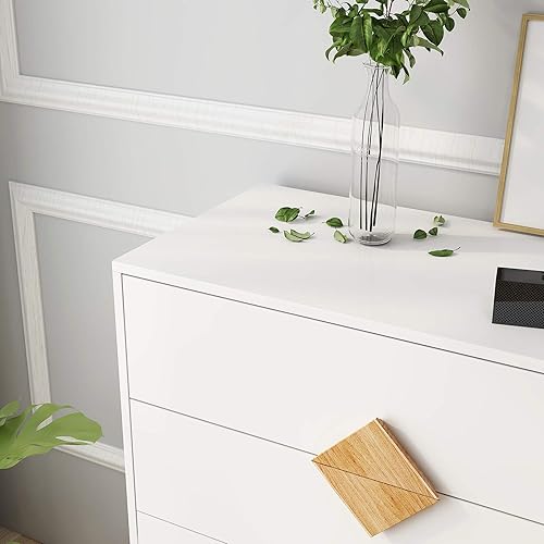 Miniatura 6 de Voohek Cómoda blanca con diseño de mango cuadrado moderno y ancho con cajones mesita de noche marco de madera maciza para dormitorio armario entrada