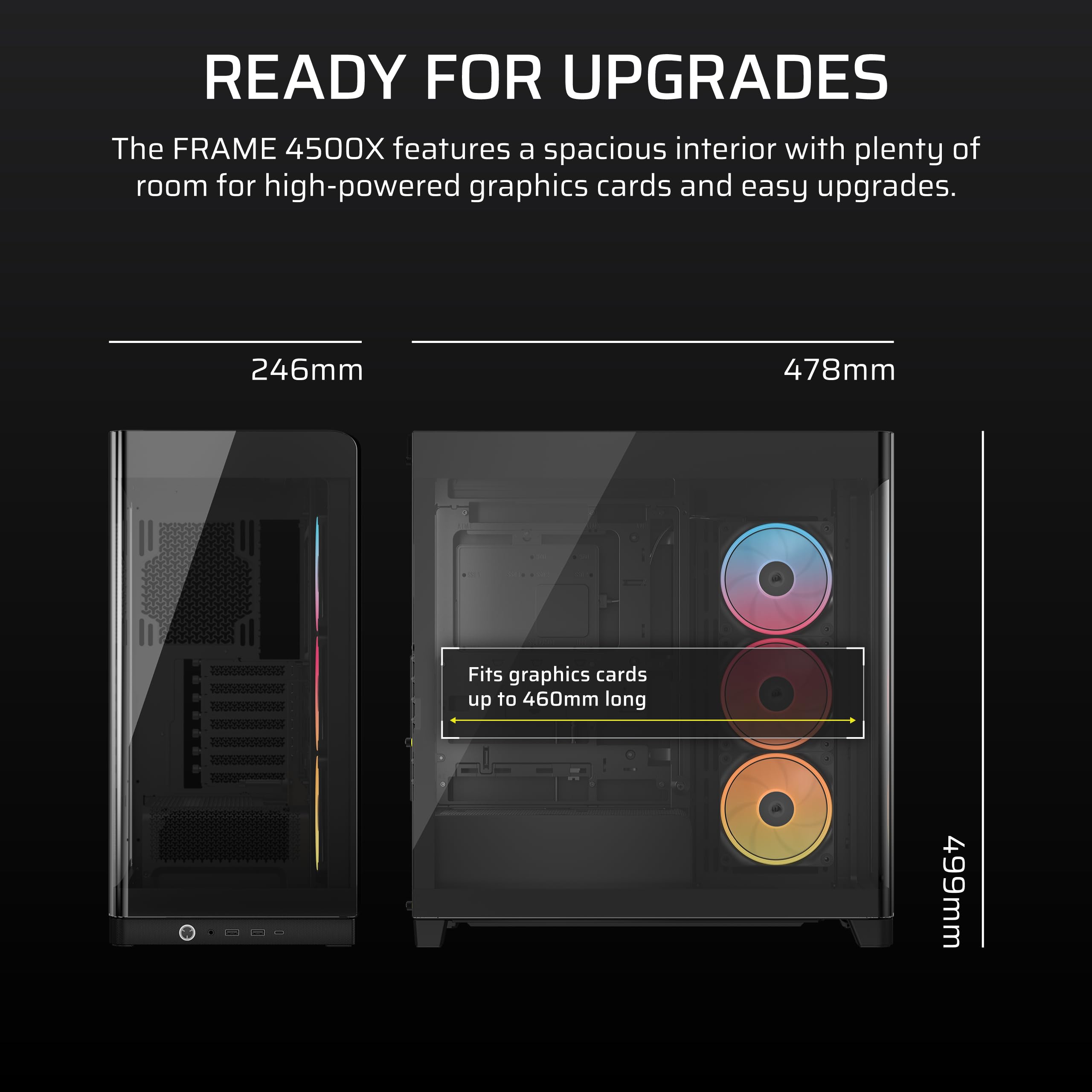 CORSAIR FRAME 4500X LX-R RGB LINK Panoramiczna szklana obudowa PC Mid-Tower - system montażu InfiniRail, pasuje do podwójnych grzejników 360 mm, GPU Anti-Sag, 3 x wentylatory LX120R RGB LINK w