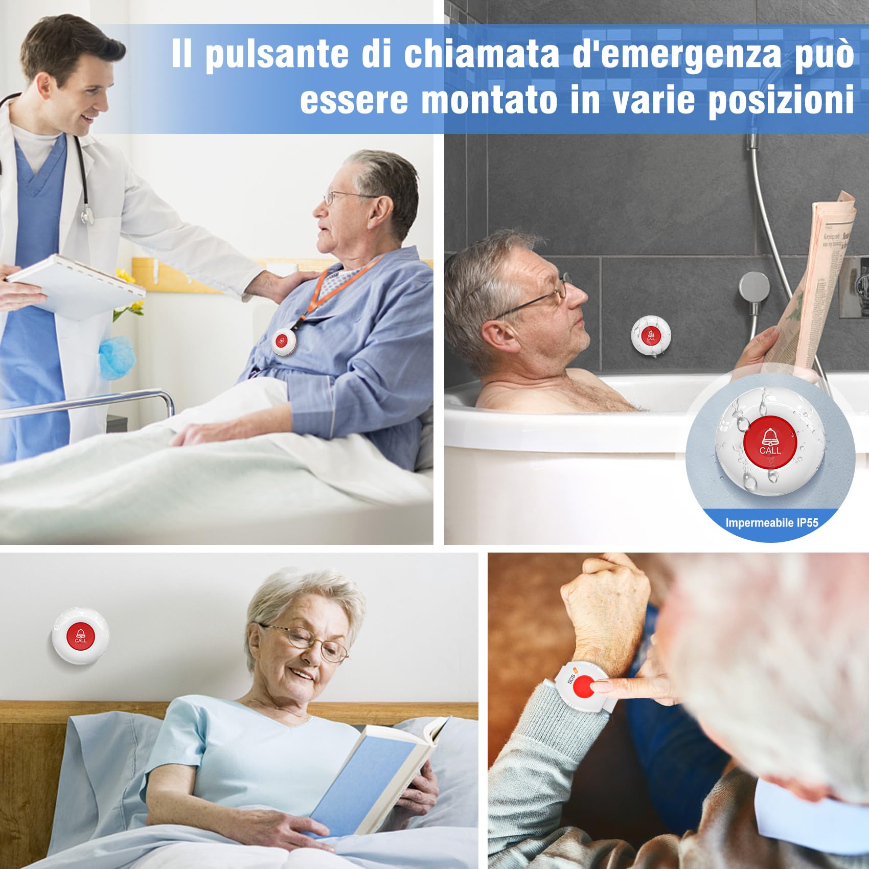 Campanello Allarme Per Anziani E Disabili - Sistema SOS Con Pulsante E Ricevitore, Impermeabile - Foto 7