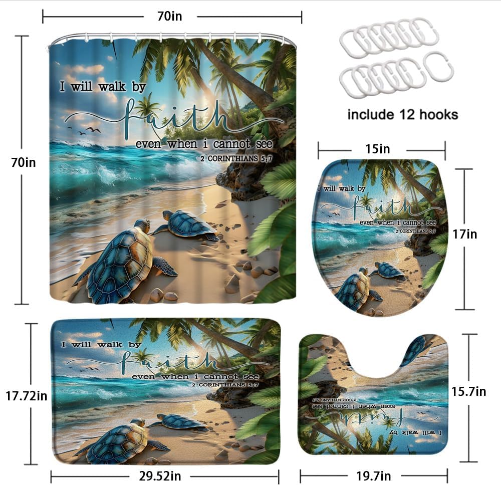 4 Piece Beach Turtle Shower Curtain Set with Rugs, Toilet Lid Cover ,Tropical Hawaii Palm Tree Bible Verse Sea Wave Coastal Summer Blue Ocean Animal Nature Scenery Bathroom Shower Curtain with Hooks