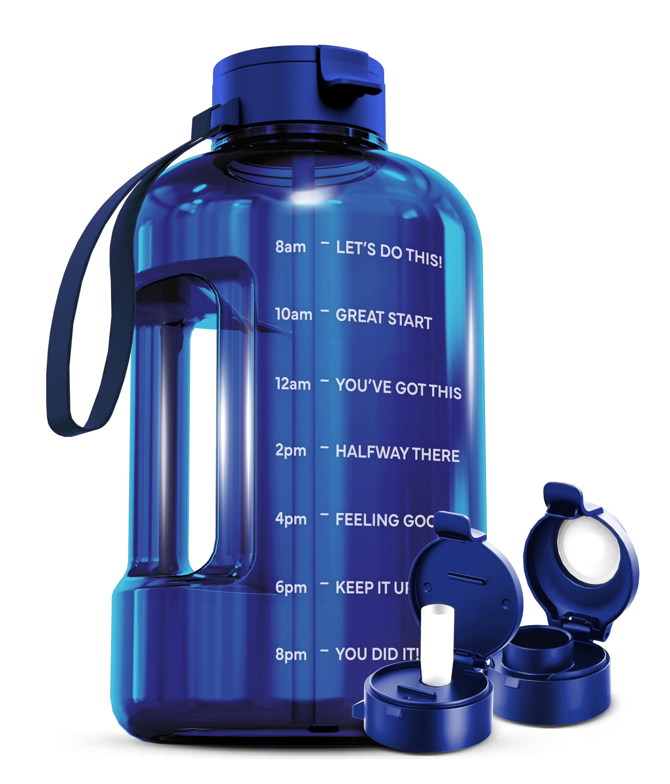 AQUAFIT 1 Gallon Water Bottle with Motivational Quotes | BPA Free 1 Gallon Water Bottle with Straw and Chug Lids - Leakproof Gym Water Bottle with Carry Handle (Blue)