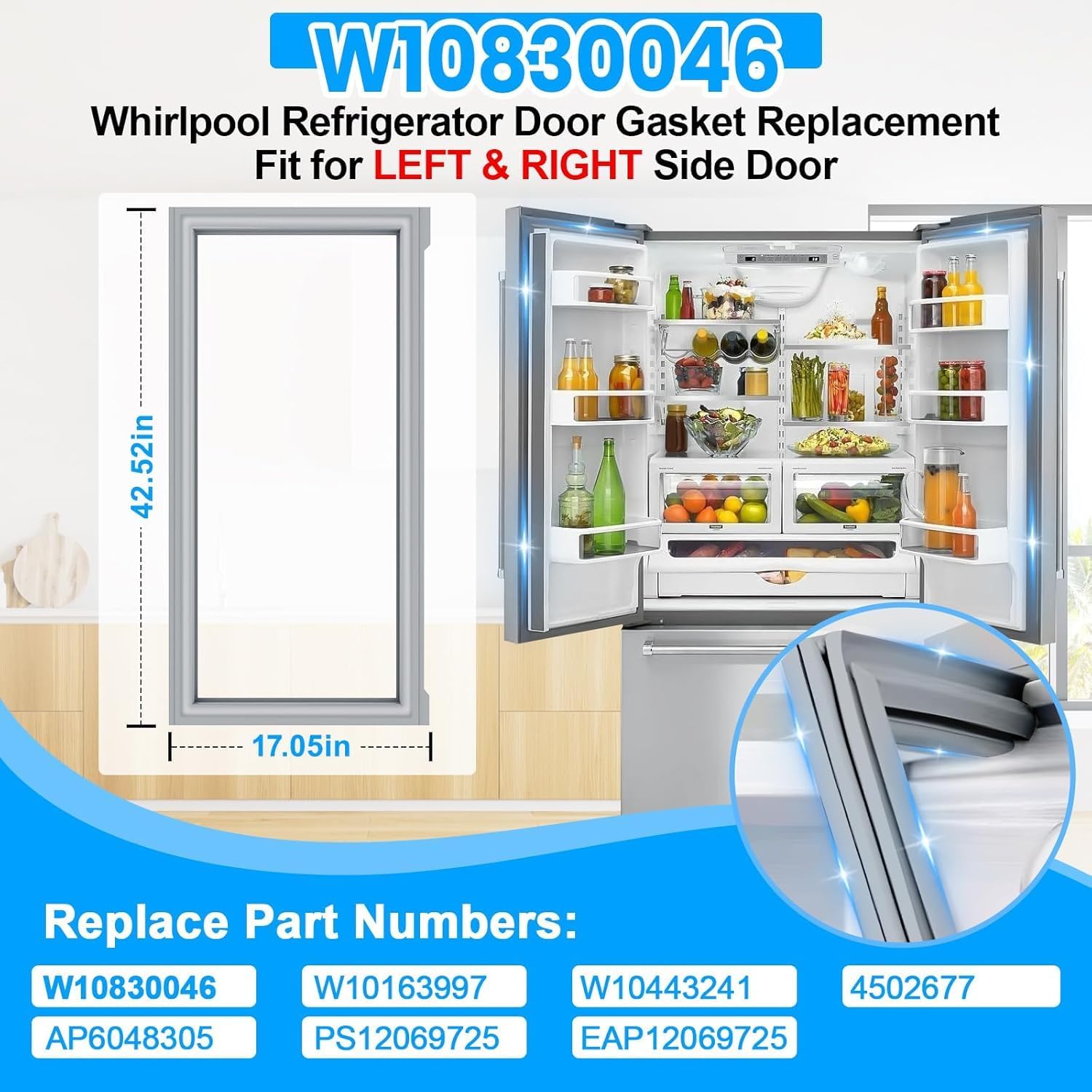 Upgraded W10830046 Refrigerator Door Gasket Compatible with KitchenAid Jenn Air Whirlpool W10163997 Refrigerator Door Seal Replacement For Kenmore W10443241 Door Gasket Seal