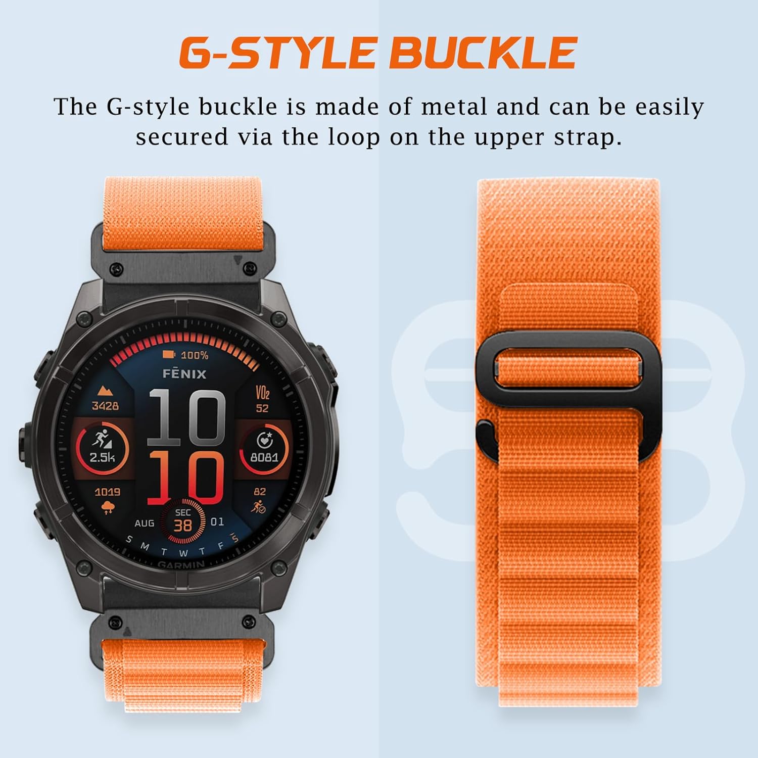 QuickFit 22mm Nylon Watch Band for Garmin Tactix 8 47mm / Garmin Descent G2/Fenix 8/Fenix 8 Solar 47mm/Fenix E/Fenix 7/Fenix 7 Pro/Fenix 6 Pro/Fenix 6/Fenix 5 Plus, Nylon Trail Loop Strap, Orange - Image 5