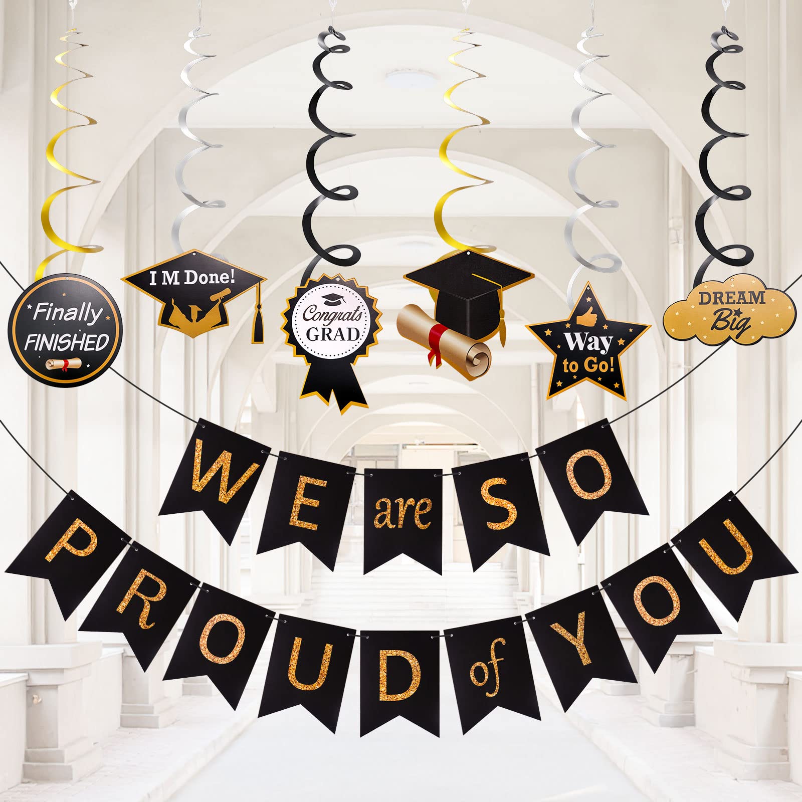Banner Laurea 'Education AF' Nero E Oro - Ghirlanda 4,5 Metri Per Decorazioni Festa Di Laurea