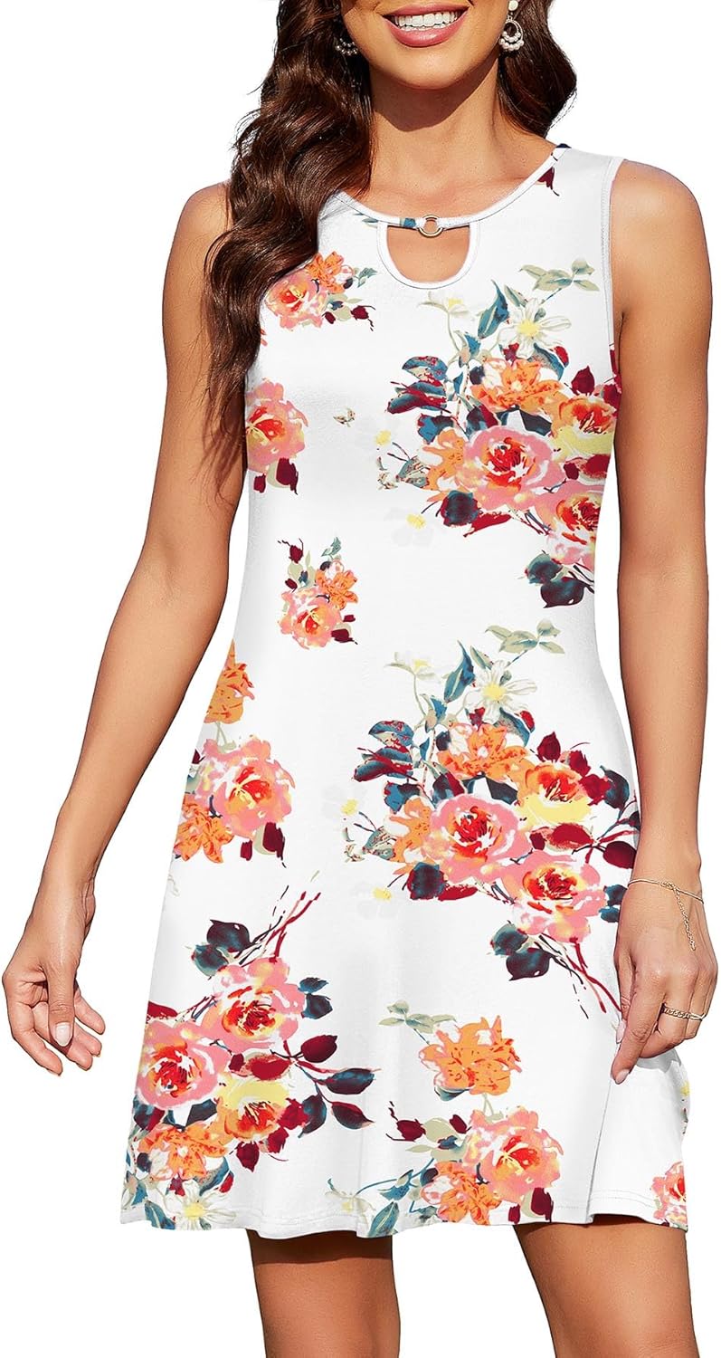 Women's Casual Summer Sleeveless Dresses Beach Boho Sundress Dress with Pockets Yh Camellia White Medium
