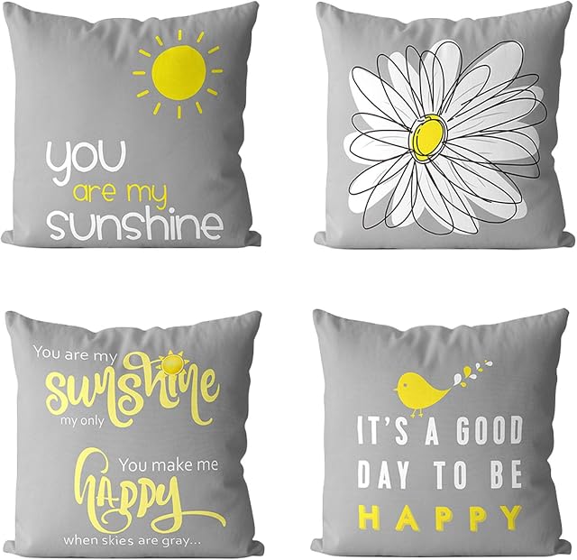 MIULEE Cushion Covers Pack of 4 Decorative Square Happy Sunshine Throw Pillow Case Pillowcases Soft for Couch Living Room Sofa Bed 45cm x 45cm 18x18 Inches Yellow on Grey