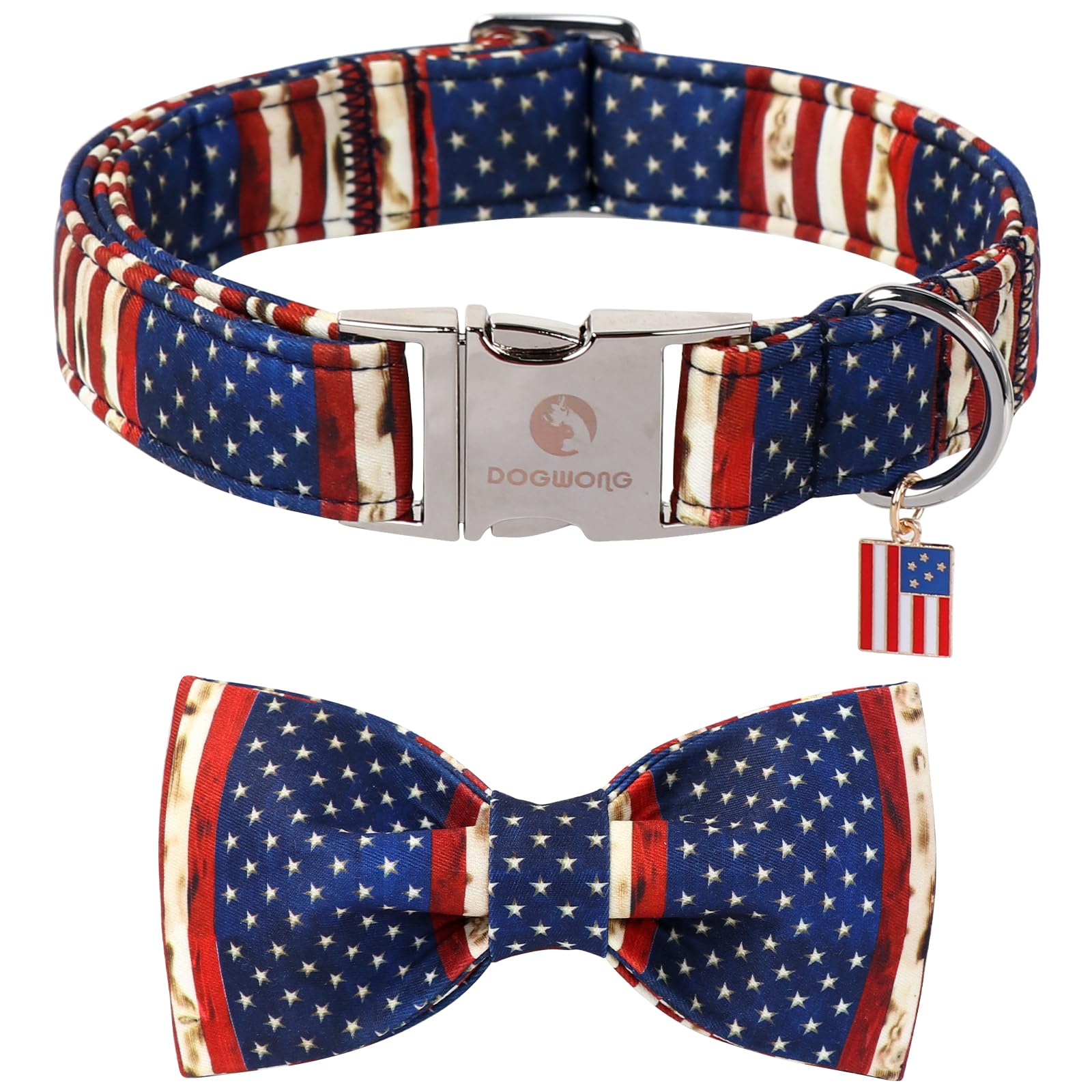 DOGWONG Ameirican Flag Dog Collar with Bow - Independence Bowtie Dog Collars, Adjustable Patriotic Pet Collars 4th of July Dog Collar for Small Medium