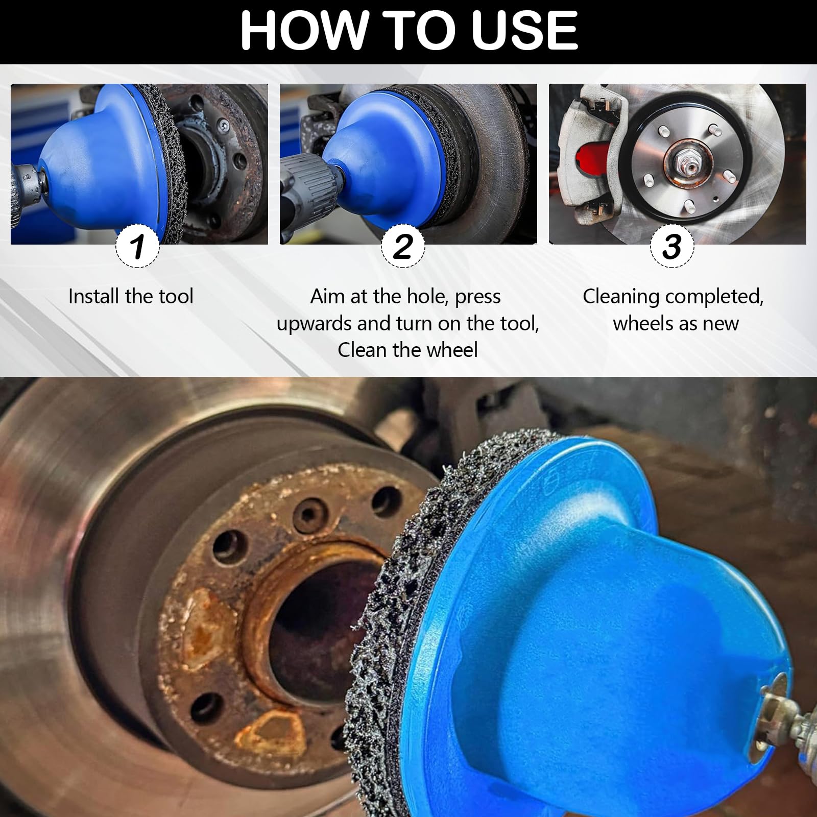 Cepillo para Cubos de Rueda, Juego de Cepillos para Cubos de Rueda de Coche de 90-150mm con Accionamiento Cuadrado de 1/2" y 2 Discos de Acero para Amolar