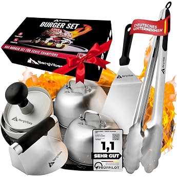 Burger Smasher Smash Burger Set 6 Pieces Stainless Steel Smash Burger Press 2 x Burger Covers Aluminium Burger Press Plancher Spatula Smashed Burger Press Barbecue Tongs Smasher Plancha Accessories