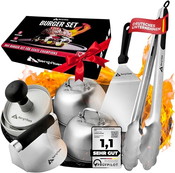 Burger Smasher Smash Burger Set 6 Pieces Stainless Steel Smash Burger Press 2 x Burger Covers Aluminium Burger Press Plancher Spatula Smashed Burger Press Barbecue Tongs Smasher Plancha Accessories