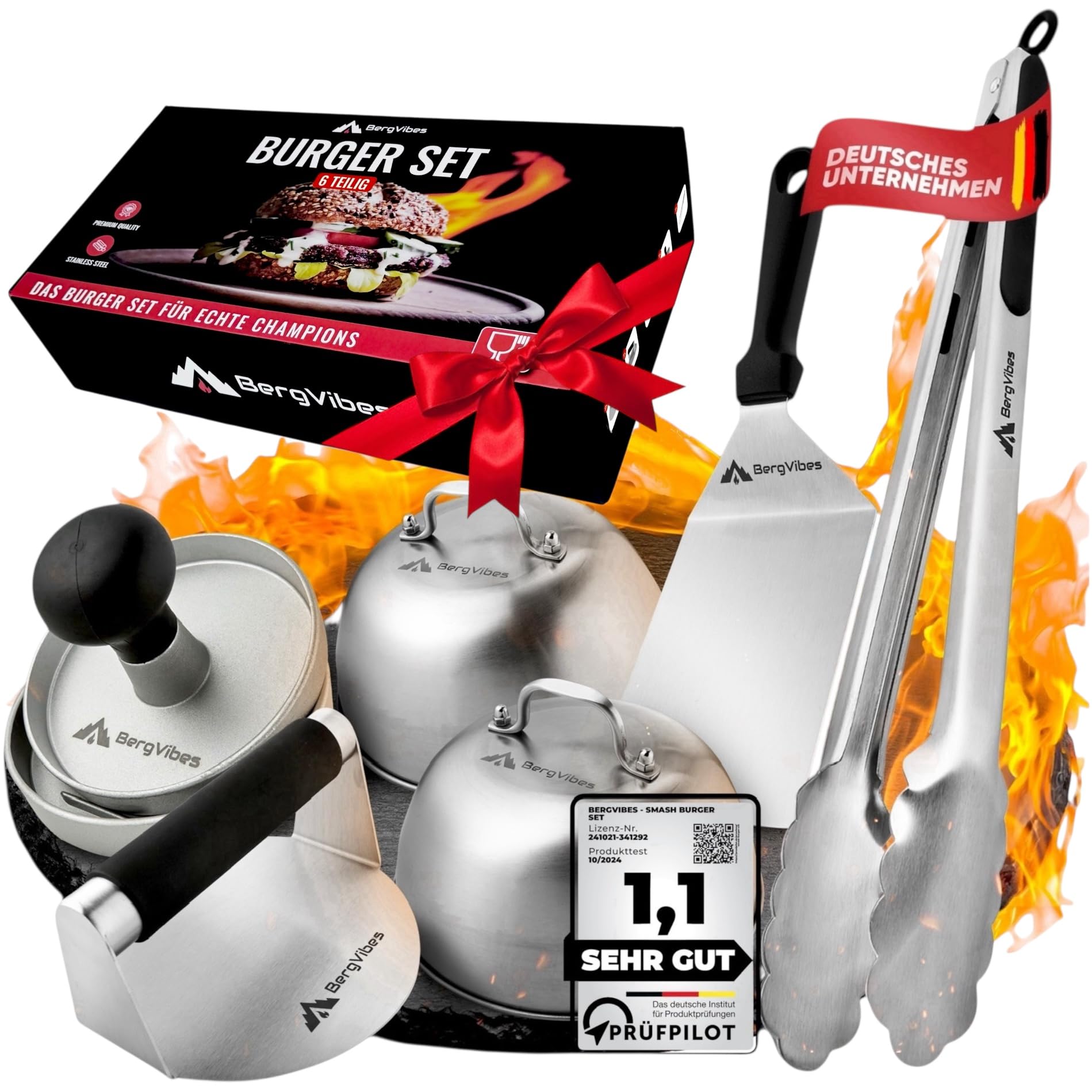 BERGVIBES Burger Smasher, Smash Burger Set, 6 Pieces, Stainless Steel, Smash Burger Press, 2 x Burger Bell, Aluminium Burger Press, Plancher Spatula, Smashed Burger Press, Barbecue Tongs, Smasher