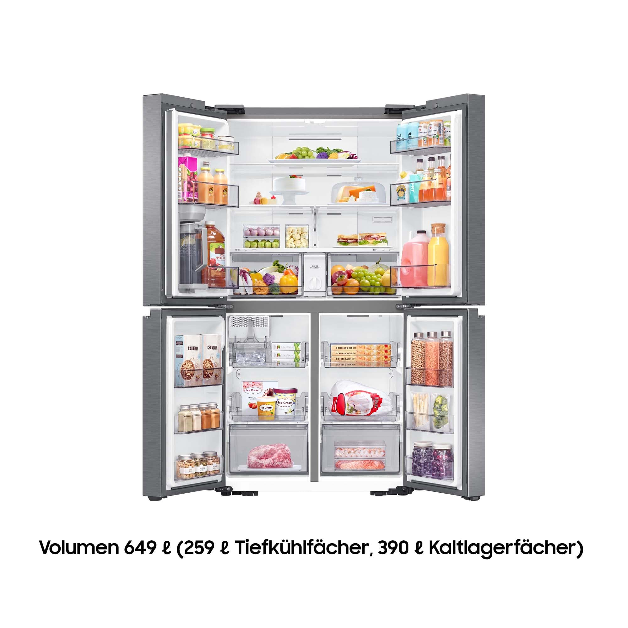 Samsung French-Door-Kühlschrank mit Gefrierfach, 178 cm, 649 l, AI Energy Mode (SmartThings), Auto Ice Maker, No Frost+, Edelstahl-Look, RF59C701ES9/EG
