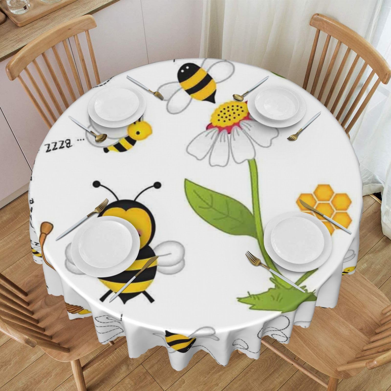 DCEHGEW 60 In Round Tablecloth with Lace, Flying Bees Honey Printed Oilproof & Washable Fabric Picnic Table Cloth Table Covers