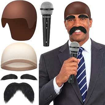 5-Piece Halloween TV Host Costume Set with Bald Cap, Mustache, and Microphone