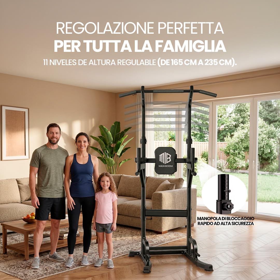 ManiBoom "ROCCIA SOLIDA" Barra Trazioni Autoportante (220KG) - Power Tower Regolabile (165-235cm) con Base Antiribaltamento per Calisthenics, Dips e Trazioni a Casa