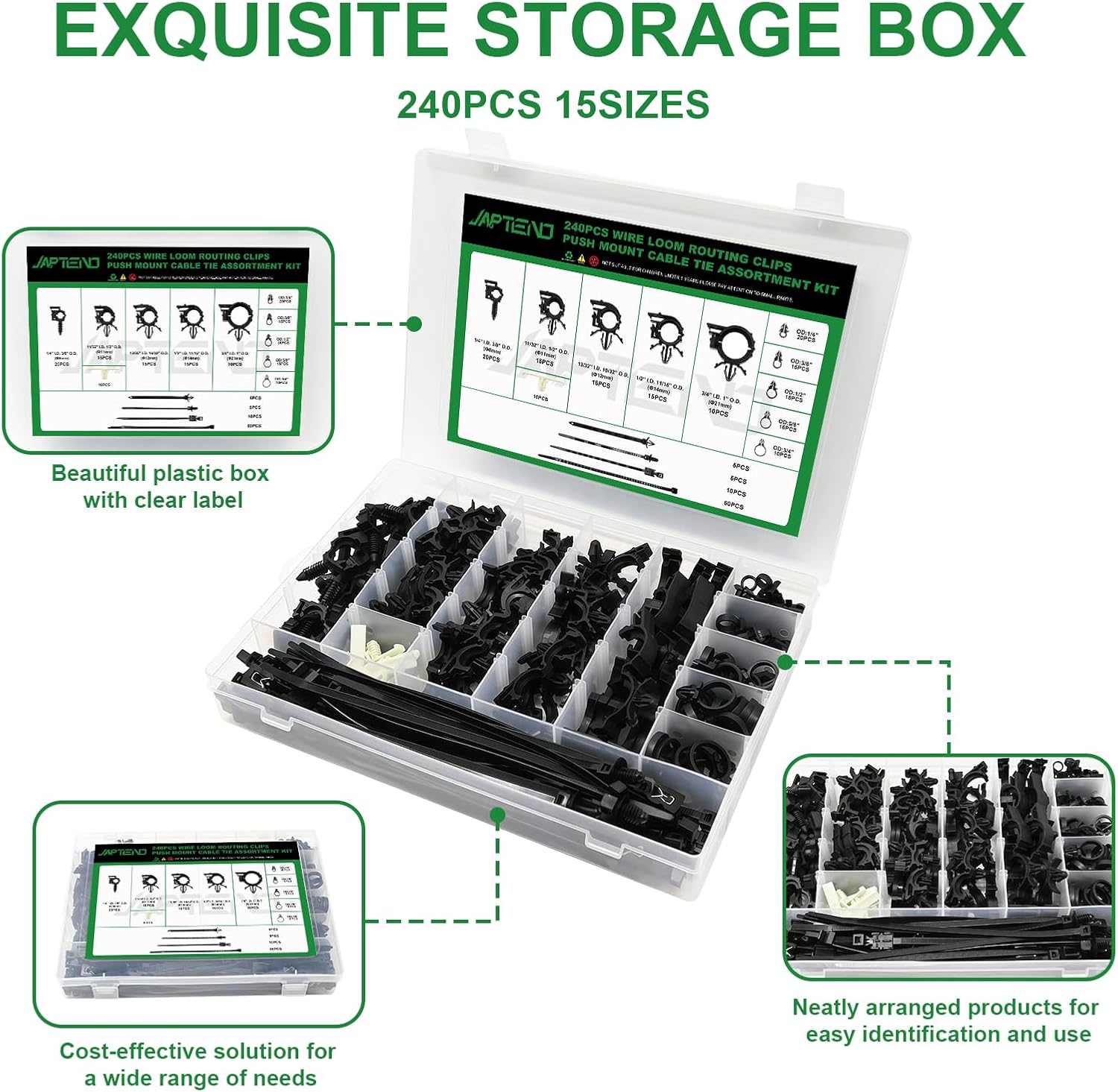 240pcs Car Wire Loom Routing Clips Assortment Kit, 15 Sizes Universal Car Wiring Harness Clips & Push Mount Cable Ties Replacement Parts for Ford Honda GM Mazda