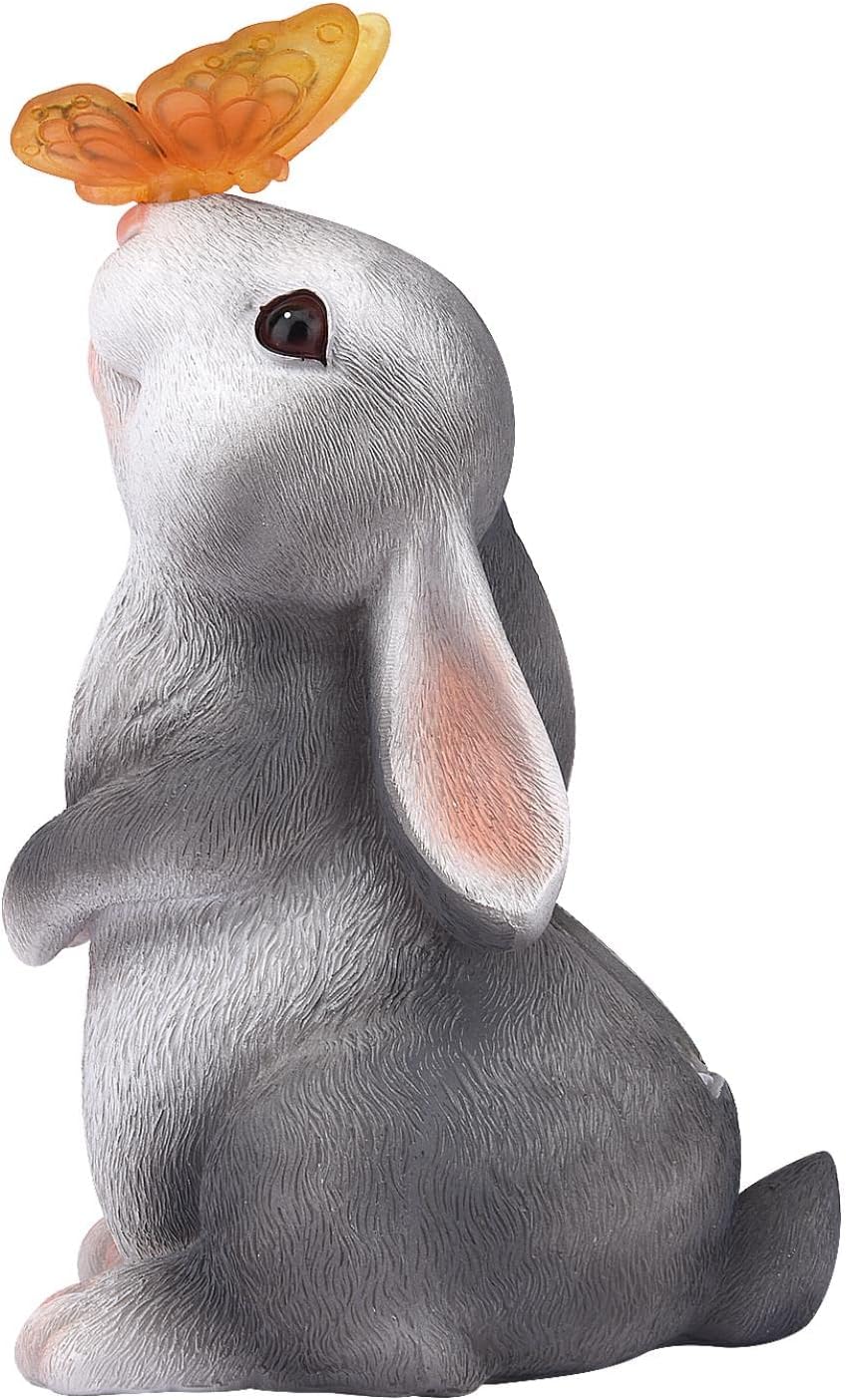 Figura de conejo, decoración de jardín, resina, conejo, primavera, jardín, mariposas, lámparas solares para exteriores, balcón, conejitos de Pascua, figuras de conejo, mariposa, adornos solares (gris)