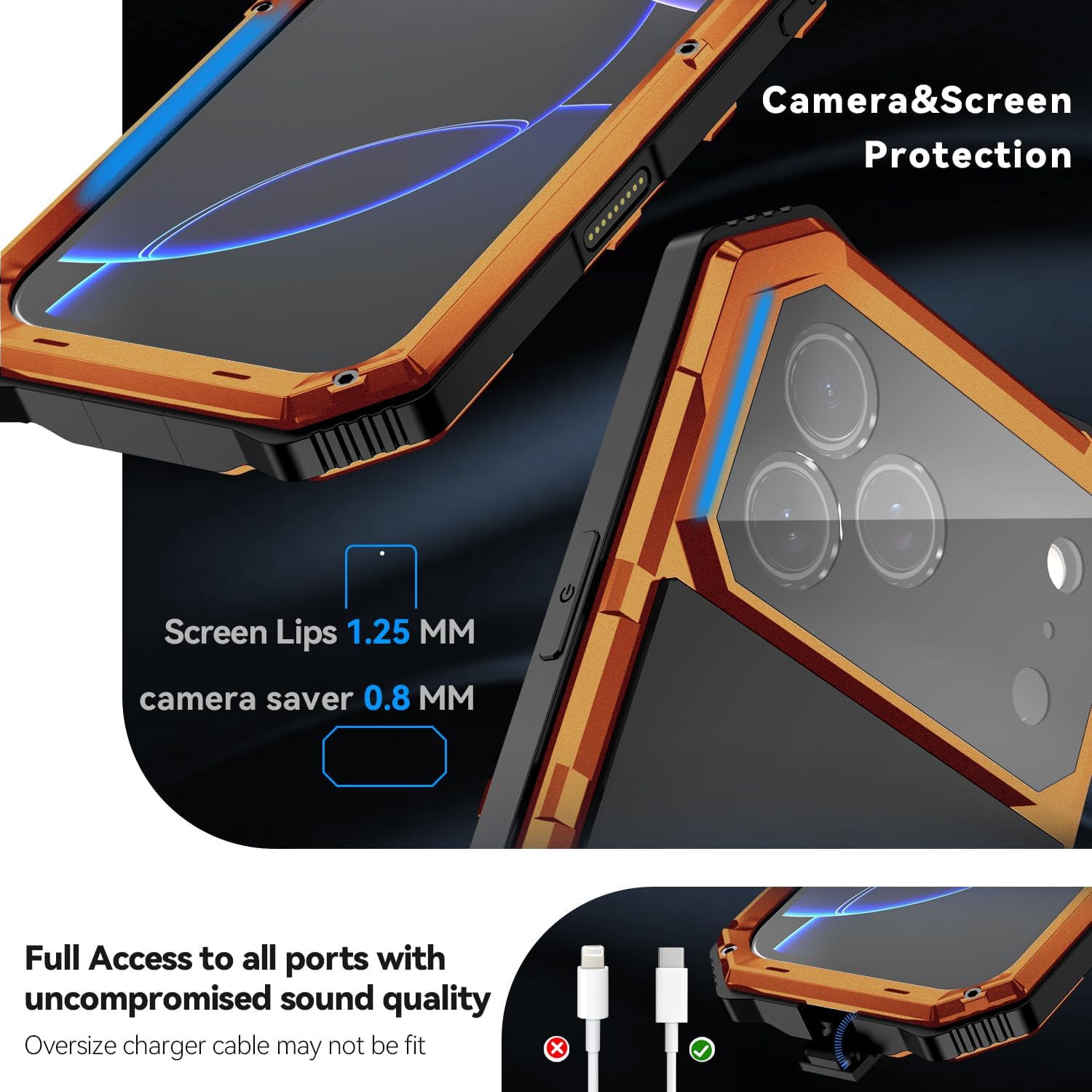 Simicoo Military Metal Heavy Duty Case Compatible with iPhone 17 Pro, Drop Protection Rugged Defender Metal Bumper Screws Phone Cover with Stand Gorilla Glass Camera Cover Full Body Dustproof Orange