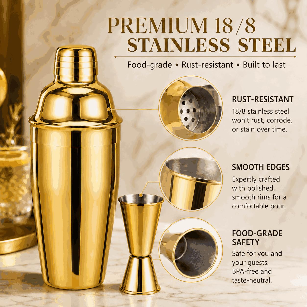 Gold Cocktail Shaker Set, Premium 18/8 Stainless Steel Mixology Bartender Kit with Stylish Bamboo Stand 10-Piece Bar Tools & Accessories for Home Bar for Men, Dad, Husband view 3