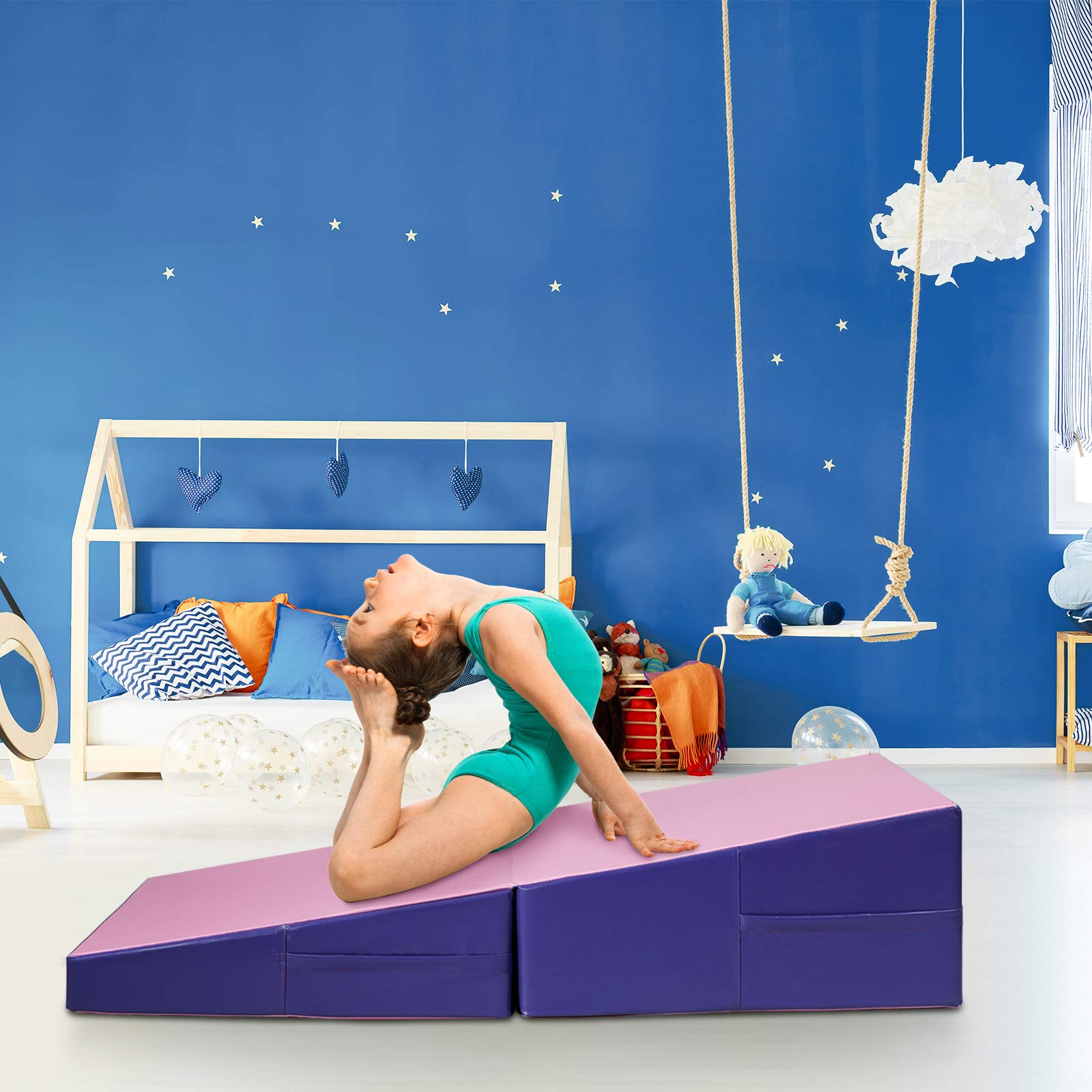 COSTWAY Ukośna mata gimnastyczna, miękka mata podłogowa w kształcie klina, składana, 2 w 1, z uchwytem do noszenia, mata sportowa, mata fitness dla dzieci, do domu, na siłownię, 150 x 75 x 36 cm